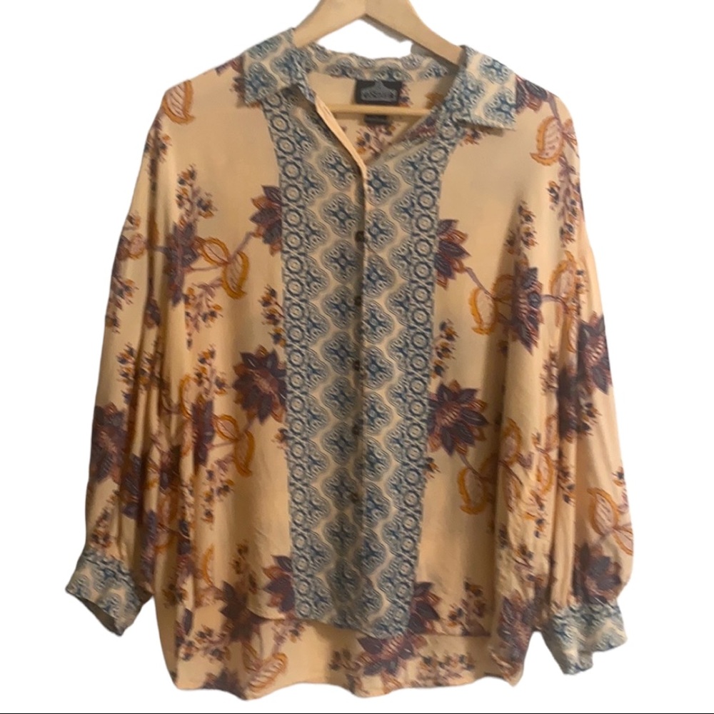 Angie Boho Yellow & Blue Floral Casual Button Down Blouse Size L